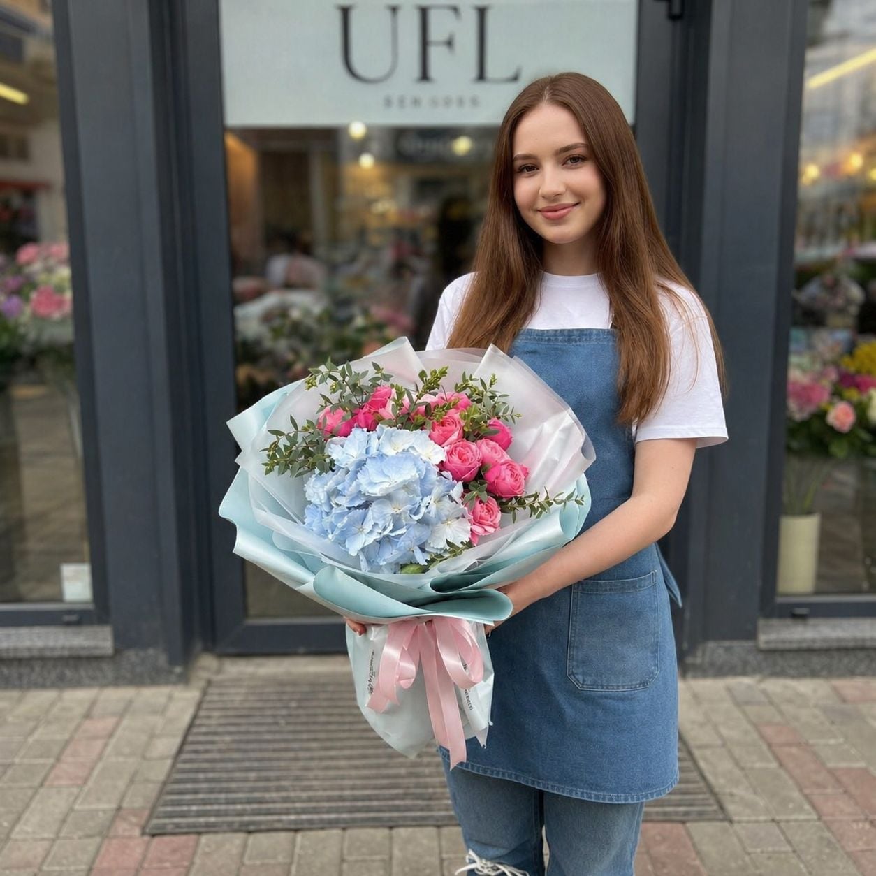 hydrangea, rose silva pink bubbles (5 pcs.), eucalyptus, packaging, ribbon