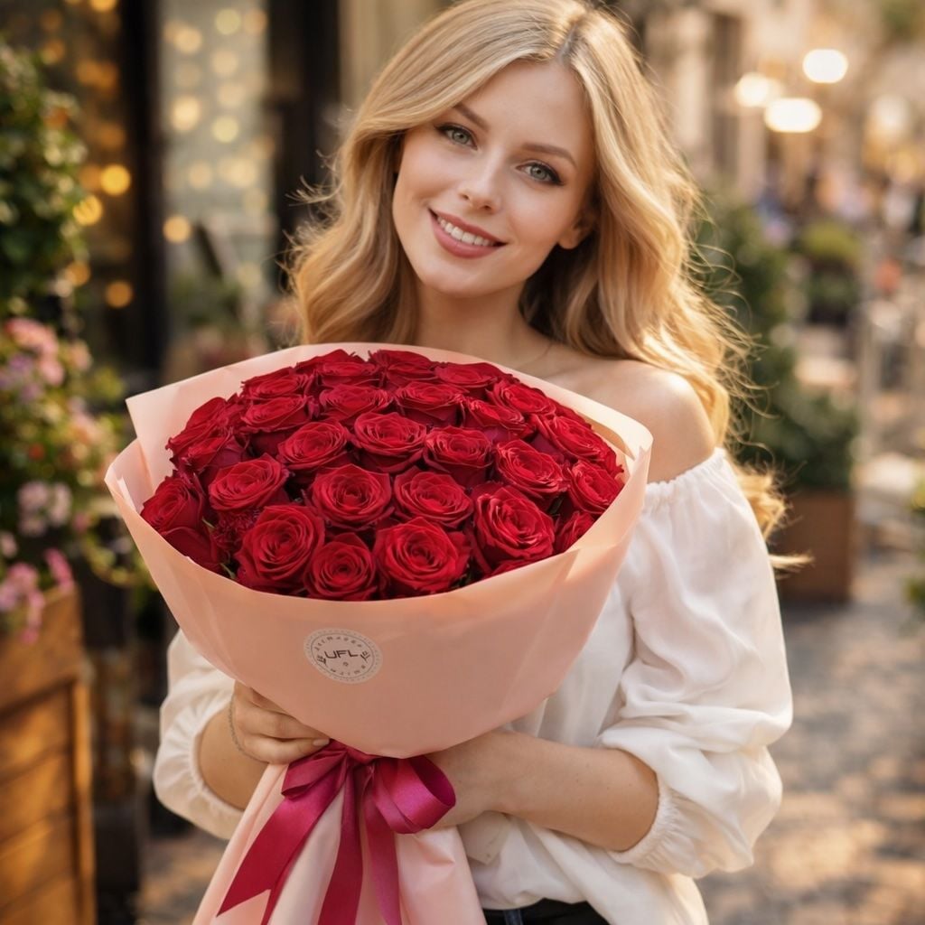 red rose (25 pcs.), packaging, ribbon