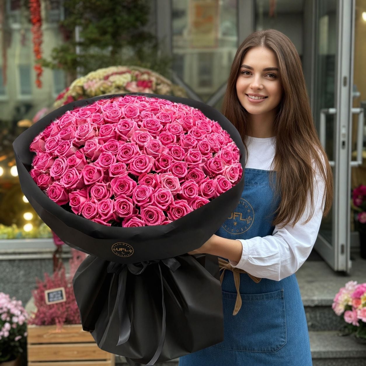 pink rose (101 pcs.), packaging, ribbon