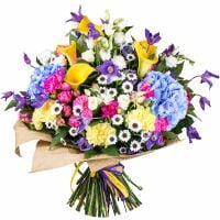 callas, hydrangea, clematis, eustoma, freesia, carnation, packaging, ribbon