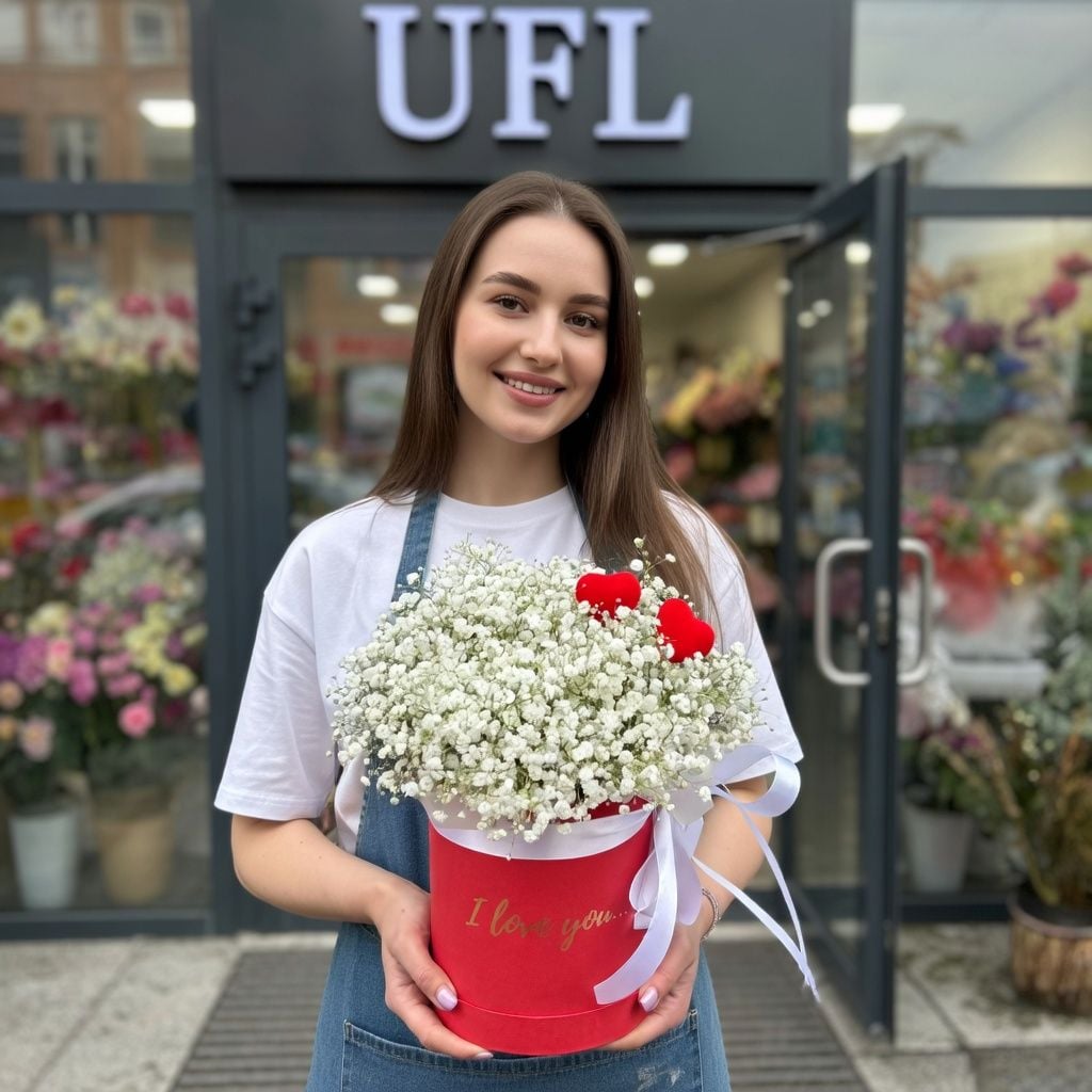 gypsophila, box, oasis, decorative heart, packaging, ribbon