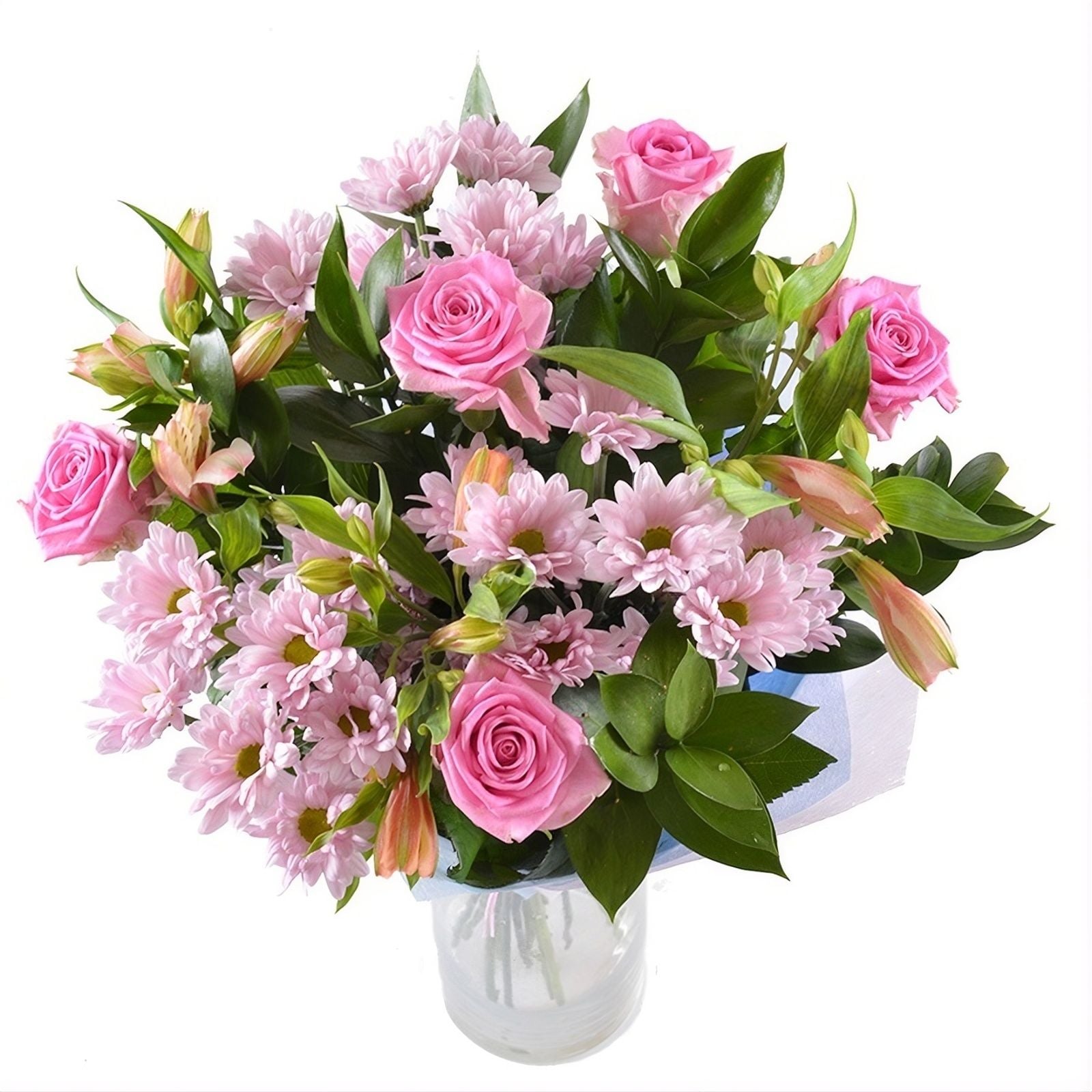 pink rose, pink alstroemeria, pink chrysanthemum, packaging, ribbon