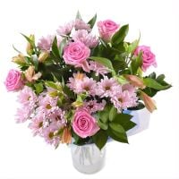pink rose, pink alstroemeria, pink chrysanthemum, packaging, ribbon