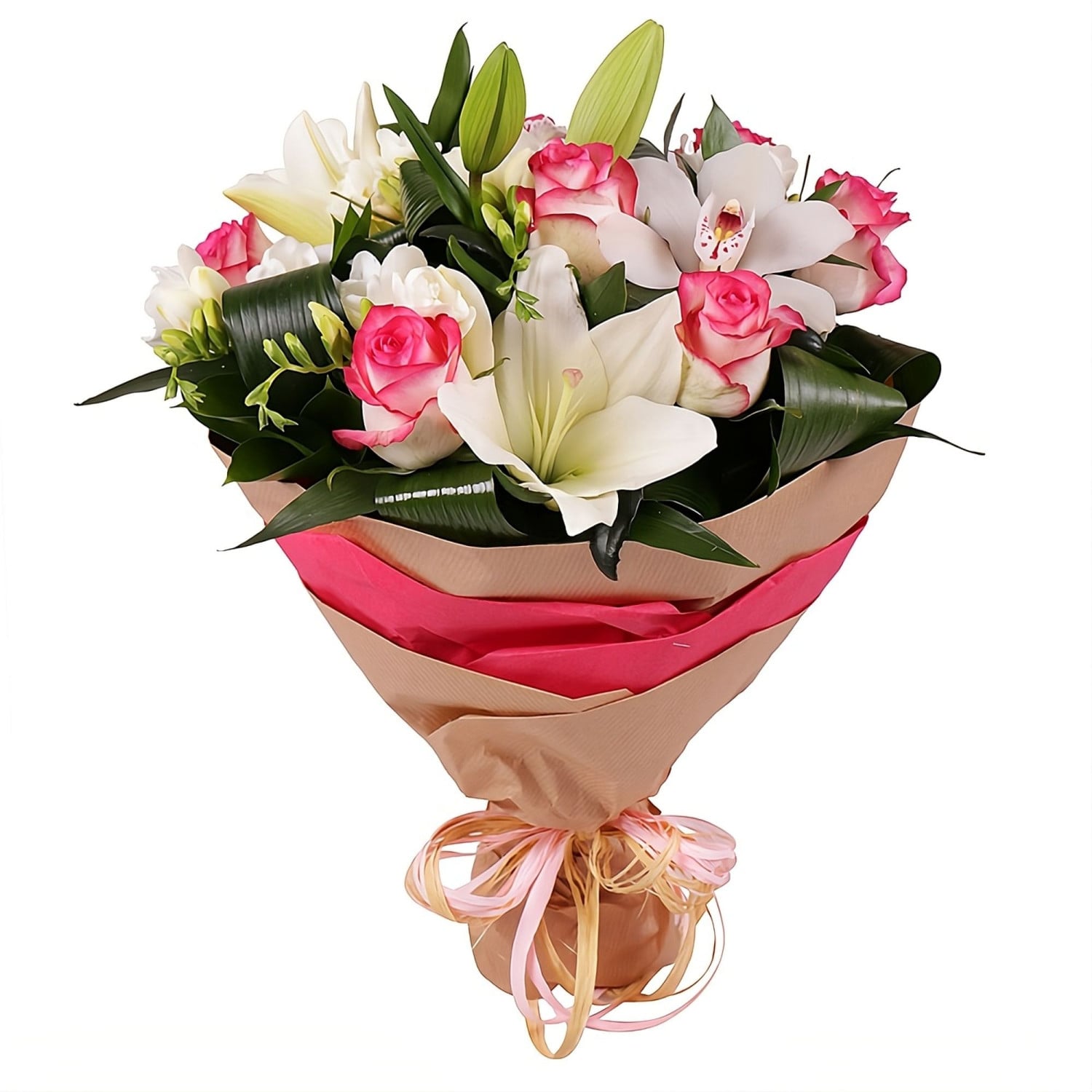 pink rose (7 pcs.), white lily, white freesia, white cymbidium, packaging, ribbon