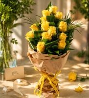 yellow rose (13 pcs.), aspidistra, packaging, ribbon