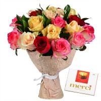 Bouquet Из разноцветных роз + Конфеты Merci 