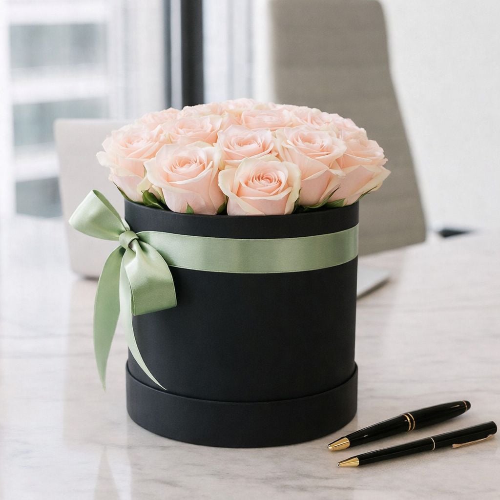 cream rose (21 pcs.), oasis, embossed box, packaging, ribbon