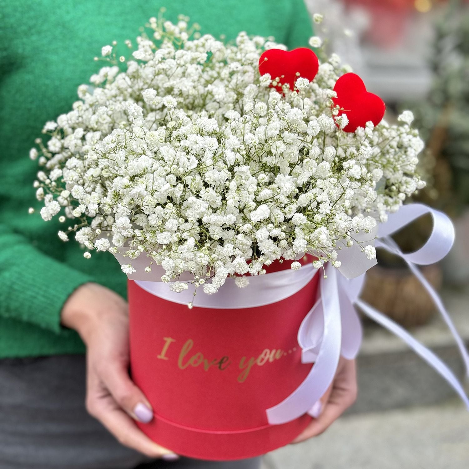 gypsophila, box, oasis, decorative heart, packaging, ribbon