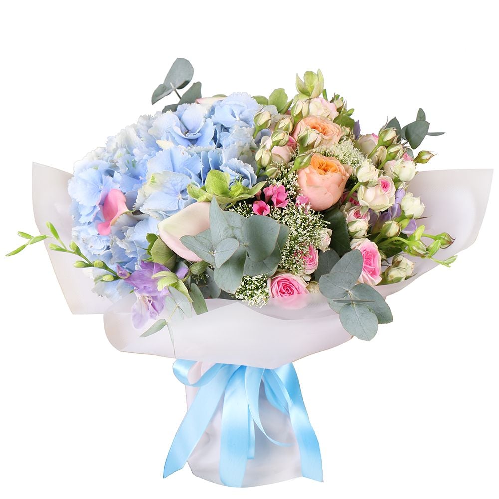 hydrangea, calla (3 pcs.), spray roses (3 pcs.), trachelium, freesia (3 pcs.), vuvuzela rose, packaging, ribbon