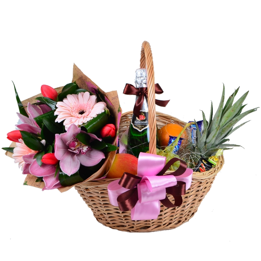 Buy a gift basket and a bouquet of season flowers with delivery