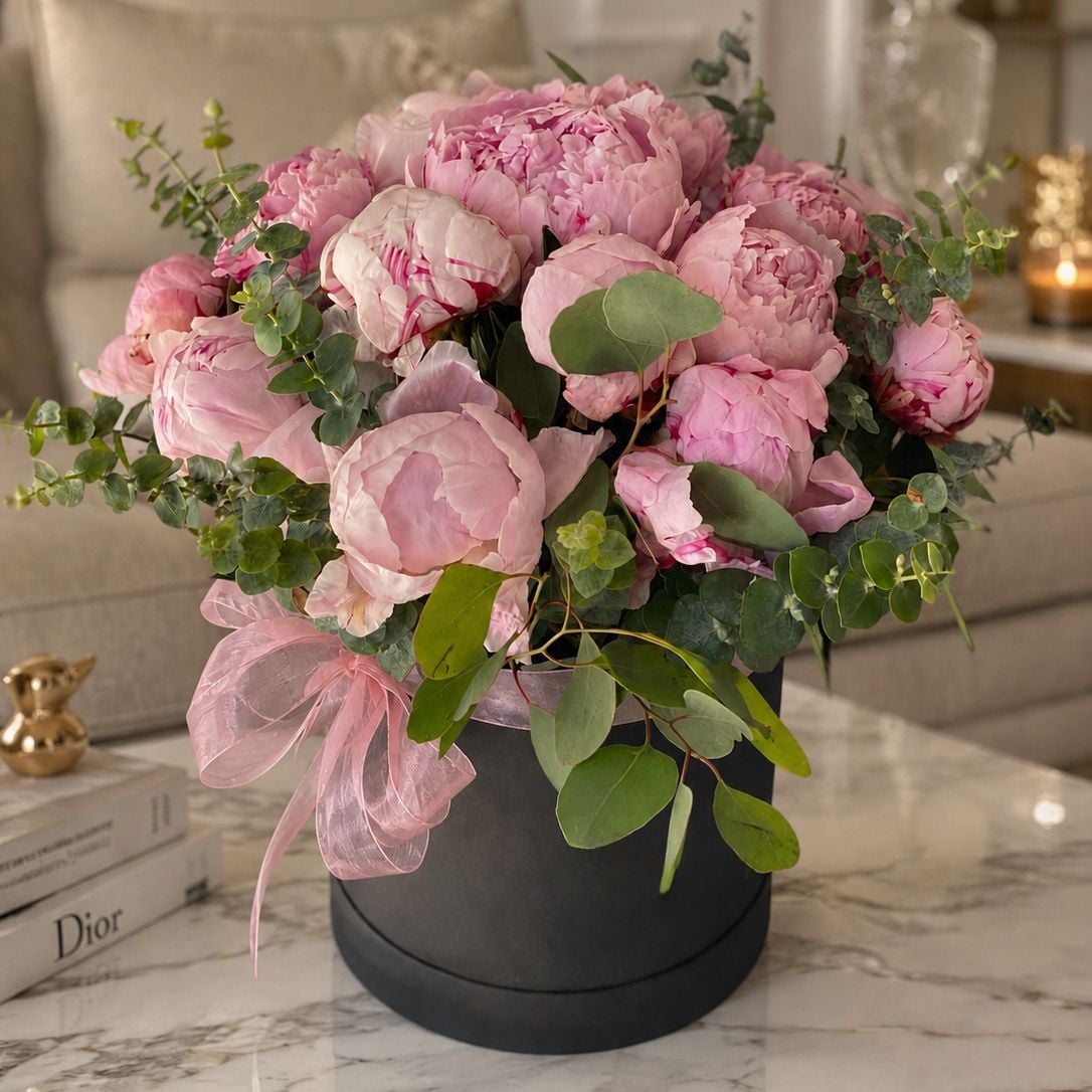 Bouquet Pink peonies in a black box