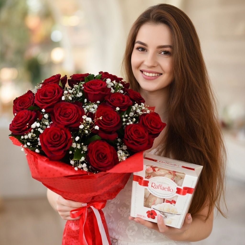 gypsophila, raffaello candies 150 g, rose (15 pcs.), packaging, ribbon