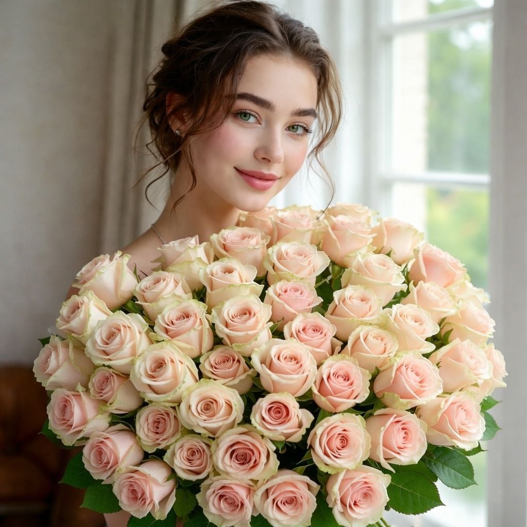 cream rose (101 pcs.), packaging, ribbon