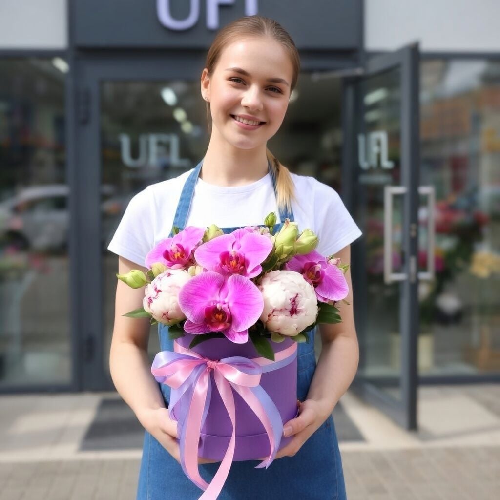 white hydrangea, oasis, phalaenopsis orchids (3 pcs.), cream spray rose (7 pcs.), round box m 20x21cm, lilac eustoma, packaging, ribbon