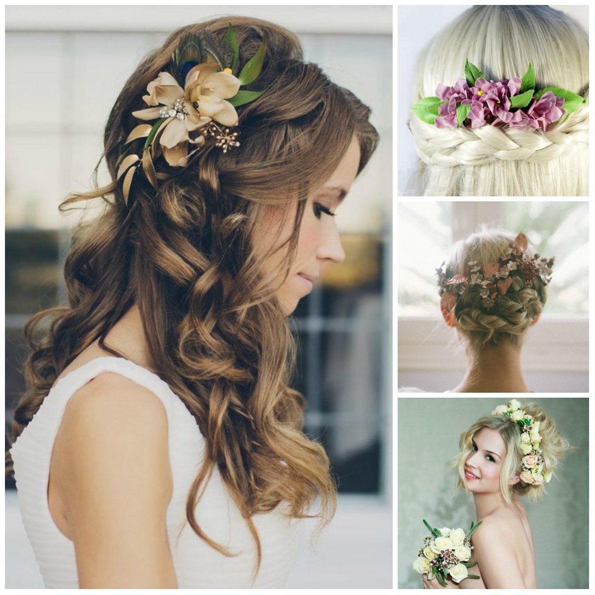 Beautiful bride in silk robe with fashion wedding hairstyle with fresh  flowers, back view. Blond girl with curly hair styling. Hairstyle for long  hair Stock Photo | Adobe Stock